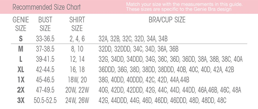 genie milana bras size chart