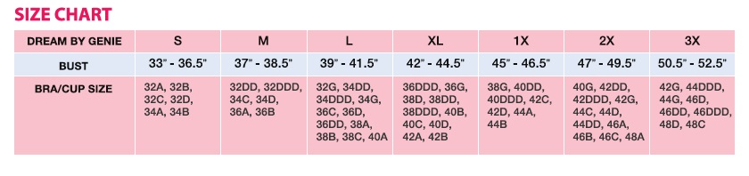 dream by genie dream by genie size chart